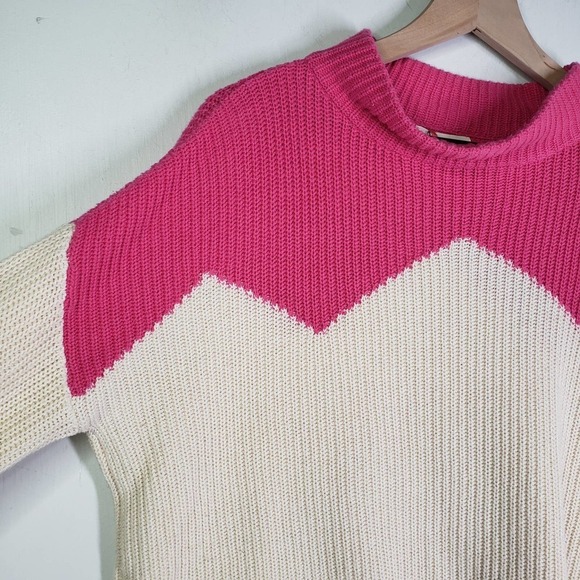 The Reeds x J.Crew Colorblock Sweater M Pink Ivory Zip Zag Bell Sleeve - Picture 2 of 9